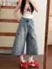 Calça Jeans Cropped Wide-Leg Bordada Vintage Feita Sob Medida de Fábrica para Mulheres, Verão Fina de Caimento Solto, Estilo Reto Emagrecedor