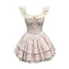 Vestido Midi Estilo Japonés Dulce con Mangas Acampanadas de Encaje Patchwork Floral Ceñido a la Cintura Adelgazante Línea A con Mangas Abullonadas de Princesa