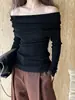 Camiseta básica de punto sexy estilo francés con hombros descubiertos para mujer, top ajustado fruncido de otoño con diseño único