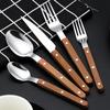 Acero Inoxidable 430 Mango de Uña de Sauce Cuchillo, Tenedor y Cuchara para Comida Occidental Vajilla Color Madera Cuchillo y Tenedor para Filete Francés Cuchara y Tenedor de Postre Juego de 5 Piezas