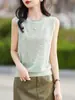 Chaleco sin mangas de ramio para mujer, jersey de cuello redondo, color liso, casual, tejido, camiseta interior, holgado, talla grande, jersey de verano