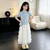 Conjunto de Dos Piezas para Niñas, Tops de Verano Estilo Coreano de Manga Corta, Falda de Encaje tipo Pastel Suelta Estilo Princesa, Falda de Longitud Media