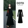 Vestido tejido negro de manga larga con cuello en V para mujer, vestido de otoño con manga acampanada para ocasiones importantes, atuendo elegante y sofisticado