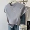 Top de punto acanalado de manga corta de seda helada, cuello redondo, adelgazante, top liso para mujer, camiseta moderna para mujer, diseño suelto y versátil de verano