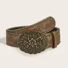 Cinto de Cowboy Ocidental com Fivela Gravada em Metal, Estilo Vintage com Contas e Acabamento Desgastado para Jeans da Subcultura