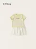 Conjunto de Ropa Infantil Bangxuan para Niñas, Falso Dos Piezas de Encaje con Mangas Cortas, Vestido Blanco de Malla Estilo Pastel, Conjunto de Dos Piezas Moderno para Niños Mayores