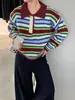 Suéter Retro a Rayas con Bloques de Color Festivo Jiangzuo para Mujer, Holgado, Cuello Polo, Tejido Grueso U1343