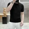 Camiseta de Tricô de Manga Curta para Homem com Textura Listrada Tridimensional, Estilo Old Money, Corte Slim, Seda de Gelo para Negócios, Verão, Atacado de Fábrica Transfronteiriço