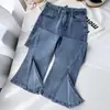 Foto Real Jeans Vintage de Perna Larga Dividida Feminino Novo Cintura Alta Elástico Slim-Fit Emagrecedor Dividido Micro Flare Calças Mop
