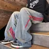 Jean Unisex Trendy de Marca Nueva Hip Hop Pierna Recta Pierna Ancha Holgado High Street con Raya Americana Retro Desgastado