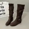 Botas largas de mujer botas largas botas mujeres arrugadas cruzadas suela plana tacón oculto cuero suave ajuste ceñido correa de hebilla botas de montar holgadas