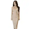 Vestido midi elegante de renda estilo coreano com gola cheongsam para mulheres, vazado, justo, de manga longa