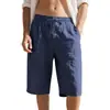 Sitio web independiente transfronterizo de lino con cordón cintura elástica pierna recta TK color sólido transpirables diarios playa casual pantalones cortos cortos para hombre
