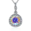 Collar de plata de ley S925 con moissanita de color para mujer, colgante redondo de cuatro puntas de 1 quilate, cadena para la clavícula con gema de color al por mayor transfronteriza