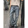 Calça Jeans Azul Lavada Retrô Casual Americana para Homens e Mulheres Outono Cintura Média Emagrecedora Solta Reta Perna Larga Longa
