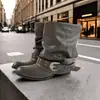 Botas vaqueras occidentales de piel de vaca, estilo retro francés, con pliegues, para mujer, botines de tacón grueso, hebilla, remaches, punta fina, para pantalones