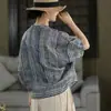 Camisa de Lino Pequeña con Cuello en V Hombro Caído Manga Murciélago de Cinco Puntos Estilo Retro Verano 2026 Top de Lino Versátil Estampado para Mujer