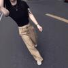 25070 Big Aimei Yiyuan 2025 Verano Nuevo Color Sólido Slim Fit Camiseta de Manga Corta Pantalones Rectos de Cintura Alta Estilo Occidental Mujeres