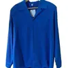 Camisa azul Klein de estilo abstinencia con cuello cubano para hombre, casual vintage de corte holgado, fluida, de manga larga, camisa texturizada de canalé