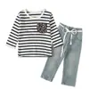Estilo europeo y americano Primavera y Otoño Nuevo traje para niñas top de manga larga a rayas + Pantalones vaqueros conjunto de dos piezas ins