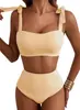 Nuevo conjunto de bikini de dos piezas con lazada para mujer, estilo europeo y americano transfronterizo 2026, traje de baño a rayas de cintura alta, conjunto de dos piezas para mujer