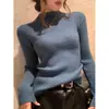 Camisa de Tricô com Gola Alta Meia Manga Cor Damasco para Mulheres Outono e Inverno 2024 Nova Slim Fit Suéter Interno Top de Alta Qualidade