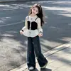 Estilo Outono para Meninas Doce Estilo Pequeno Xiang Blusa Franzida Infantil Estilosa Casual Falsa Peça Dupla Manga Longa Roupa Infantil