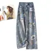 Jeans Cropped de Cintura Alta com Estampa Vintage e Pernas Largas para Verão Feminino 2026 Moda Fina Estilo de Verão Moda Rejuvenescedora
