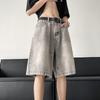 Verão 2025 Novo Shorts Jeans Azul Retrô Masculino Solto Reto Slim Perna Larga Calças Cinco Quartos Tendência Ins