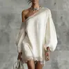En Stock 2026 Ropa de Mujer Europea y Americana Transfronteriza Verano Nuevo Color Sólido Adorno de Encaje Hombros Descubiertos Manga Larga Vestido Casual