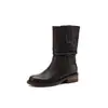Botas de montar de cuero vacuno de primera capa para mujer, nuevo estilo de otoño, piel genuina, puntera redonda, tacón medio, sin cordones, botas vintage de media pantorrilla
