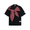 Camiseta de Manga Corta Estilo Retro Americano con Chal a Cuadros y Lazo para Hombre y Mujer Marca Trendy High Street Diseño Holgado Sentido del Diseño Camiseta de Media Manga para Pareja