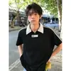 Camisa Polo Rayada Azul Marino de Verano con Media Cremallera para Hombre, Estilo Universitario, Camiseta de Manga Corta de Peso Pesado con Tacto de Alta Gama