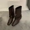 Botas Curtas Khaki de Camurça Vintage Chuyuji para Mulheres, Botas de Estilo Francês, Design de Nicho Outono e Inverno Botas Western Arredondadas