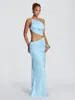 Vestido longo de um ombro só, ombro a ombro, gola halter para mulheres com design de cintura vazada, alças para amarrar, plissado, vestido longo justo
