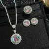 Octagonal Corte Rosa Brillante Flor Estéreo Circonita Conjunto de Collar Pendientes Anillo para Mujer Regalo de Cita de Alta Gama