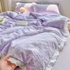 Nuevo estilo de conjunto de cuatro piezas de gasa de punto de doble capa con encaje blanco estilo europeo para dormitorio de estudiante y uso doméstico, incluyendo sábana y funda de edredón
