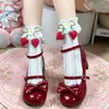 Calcetines Lolita de Encaje Hueco Estilo Escuela Japonesa Dulces y Lindos con Lazo de Fresa Hasta la Pantorrilla para Mujer