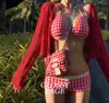 Biquíni Estilo Ins Xadrez Rosa Menininha com Laço Puro Desejo Sexy Dividido Fato de Banho Biquíni Feminino