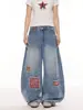 Calças jeans femininas transfronteiriças em estilo American High Street, calças de patchwork resistentes, calças casuais de perna larga com caimento lavado vintage, estilosas