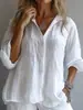 Moda Feminina Europeia e Americana 2025 Amazon Primavera Mais Vendido Cor Sólida Linho Decote V Manga Longa Camisa Casual Estilo Japonês e Coreano Casual