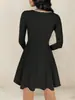 Vestido Negro de Alta Gama para Mujer, Cuello Cuadrado, Mangas Largas, Borde de Encaje, Falda de Corte A, Aspecto Adelgazante para Primavera y Otoño, Estilo Francés Hepburn