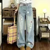 Jeans bordados de dibujos animados Chao Li Youhuo para mujer, nuevo modelo verano 2026, de cintura alta, adelgazantes, holgados, de pierna recta, de pierna ancha