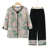 Conjunto de Verano para Mujeres de Mediana Edad y Mayores: Nuevo Top Estilo Chino, Pantalones Estampados Estilo Nacional, Conjunto de Dos Piezas con Cárdigan de Moda