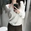 Suéter de tricô feminino de alta qualidade de Dongdaemun, Coreia, novo estilo de verão, decote V profundo, elegante e relaxado, fino, de manga longa