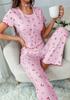 Pijama Estilo Europeo y Americano Transfronterizo Shein Estampado de Cerezas Parte Delantera Fruncida Botones Manga Corta Pantalón Largo Conjunto Ropa de Casa para Mujer