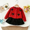 Conjunto de Falda y Suéter para Niña con Patrón de Corazón de Lentejuelas, Cárdigan Tejido, Elegante Conjunto Coreano de Princesa con Lentejuelas para Niñas, Nueva Colección Otoño/Invierno
