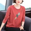 2025 Nova Moda Outono Roupa para Mãe de Meia-Idade Camiseta Moda Feminina Bordada Gola Redonda Solta Tamanho Grande Manga Longa Camiseta Top
