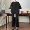 Traje de Seda de Hielo de Cuello Redondo Estilo Hong Kong para Hombre, Nuevo Versátil Casual Holgado Moda de Gama Alta de Manga Corta con Pantalón Largo Conjunto de Dos Piezas para Hombre