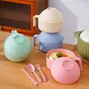 Tazón de Plástico de Paja de Trigo para Fideos Instantáneos de Alto Valor Portátil para Estudiantes Juego de Cinco Piezas con Cuchara, Tenedor y Palillos Tazón para Fideos Instantáneos con Tapa Vajilla